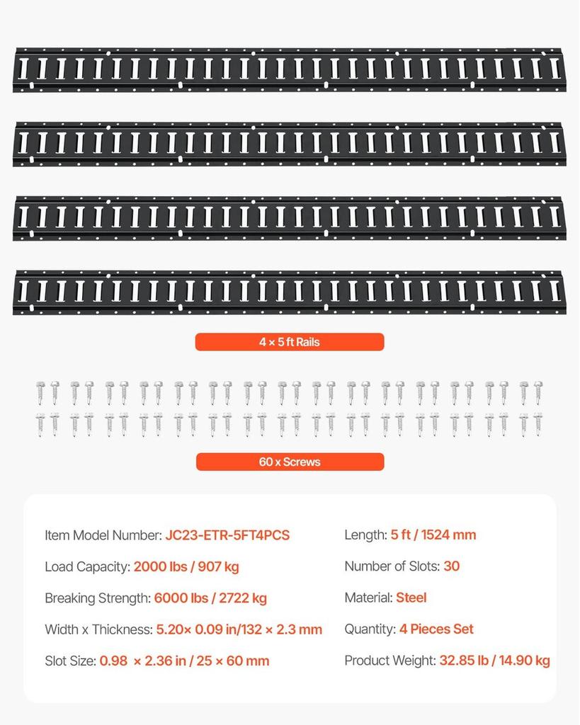 E Track Tie Down Rail Kit, 5' Steel Rails, 4 Pack, Secure Cargo & Heavy Loads Up to 2000 lbs, Heavy Duty Etrack Rails with Screws for Garages, Vans,