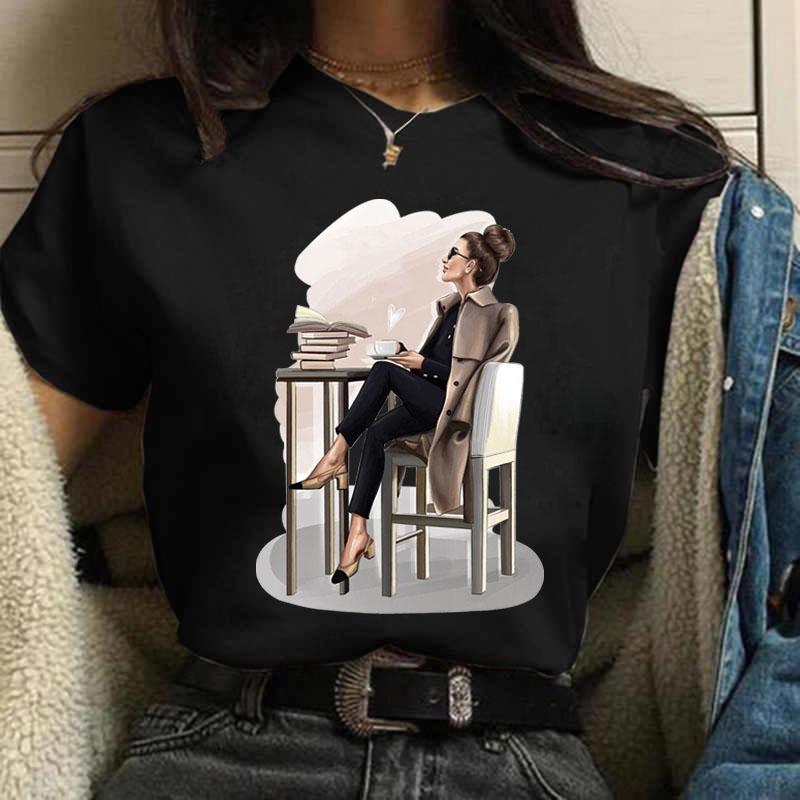 Повседневная женская футболка Coffee Girl, новый черный топ для девочек с круглым вырезом, модная одежда с коротким рукавом в стиле Харадзюку 90-х годов, Прямая поставка