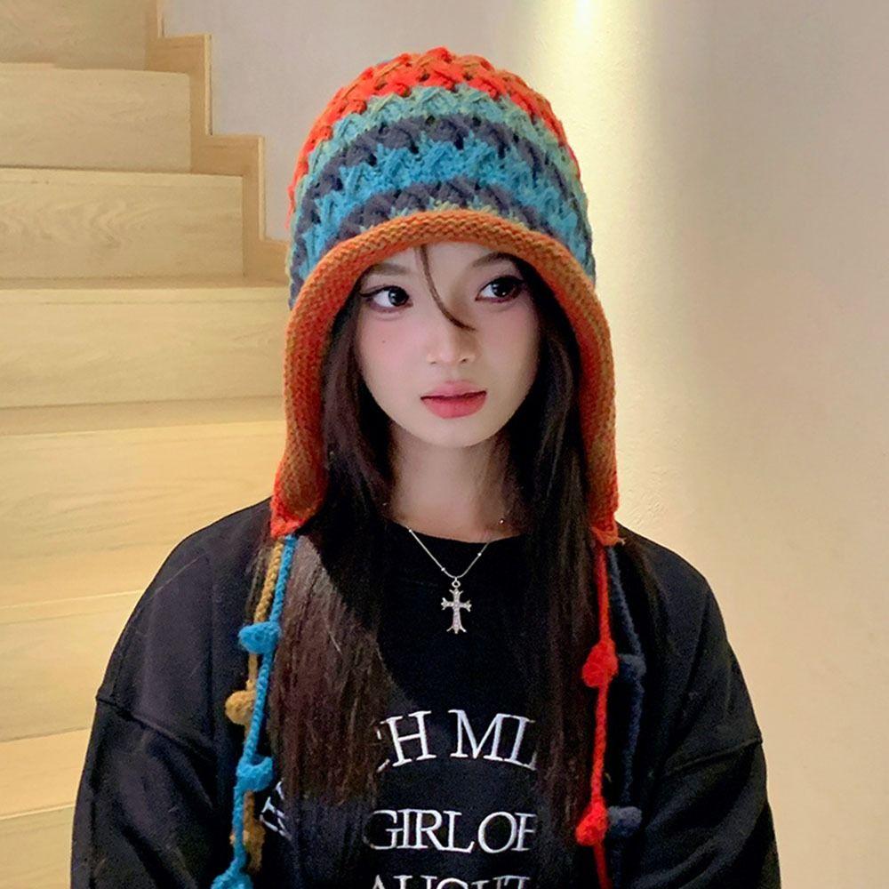 Красочная шапка-бини с кисточкой и защитой ушей, милая вязаная шапка