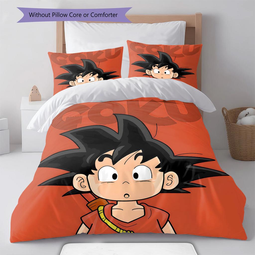Cute Cartoon Son Goku Pattern Bedding Quilt Set Quilt Cover Pillowcase Home Birthday Gift(1 * duvet cover + 2 * pillowcase, without core)