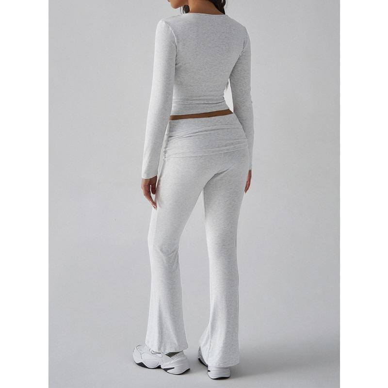 Женский комплект из осенне-зимнего повседневного облегающего топа с U-образным вырезом и длинными рукавами и микробрюк Y2K