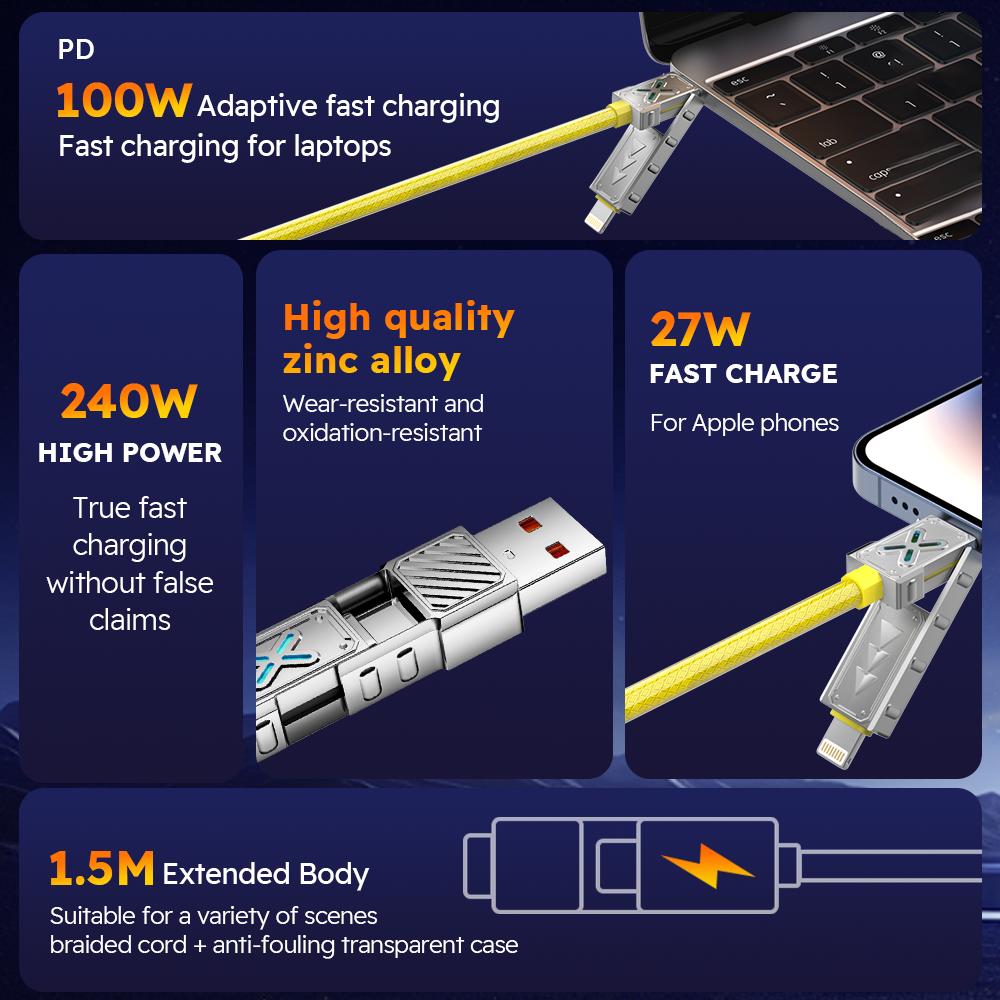 Сверхбыстрый кабель для передачи данных с зарядкой 4-в-1 240 Вт, кабель USB-C — Type-C из цинкового сплава для iPhone, Samsung, Huawei, Xiaomi, многопортовый, многократный
