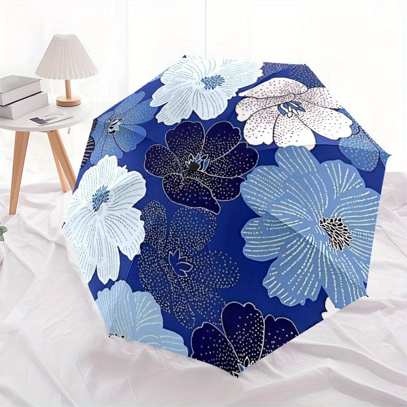1 шт. Синий автоматический складной зонт с цветочным принтом, Портативный складной зонт для путешествий, тематических мероприятий. Подходит в качестве подарка на различные фестивали, Ou