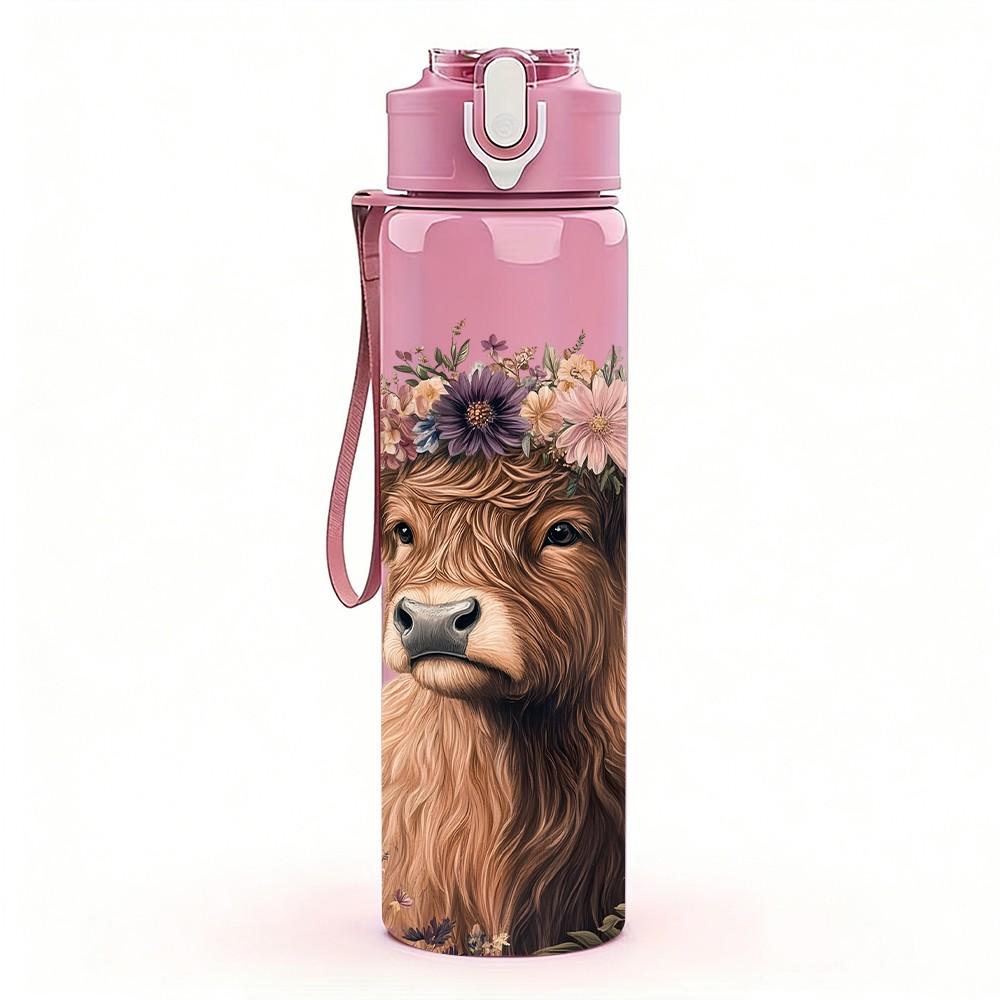 1PC Highland Cow Shaggy Cattle Portrait Print 750ml Color Plastic Sports Water Bottle Leakproof Flip Straw Lid Suitable for Sports Office Home Use