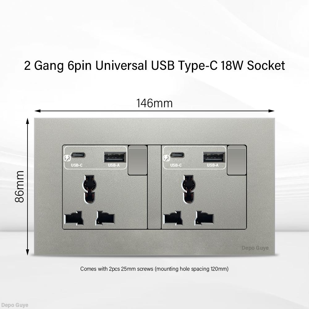Universal 18W Type-C Quick charge Double Power Outlet,220V Electrical Wall Light 2way Switch UK 13A Wall Double USB Plug Socket