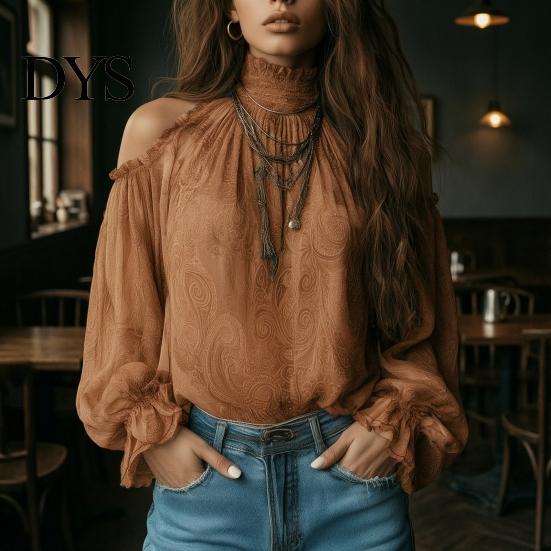 Skin Friendly Shirts Women Fall Cold Shoulder Shirt, Vintage Ethnic Print High Casual Blouses Collar Blouse, Ruffle Lantern Sleeve Top Autumn