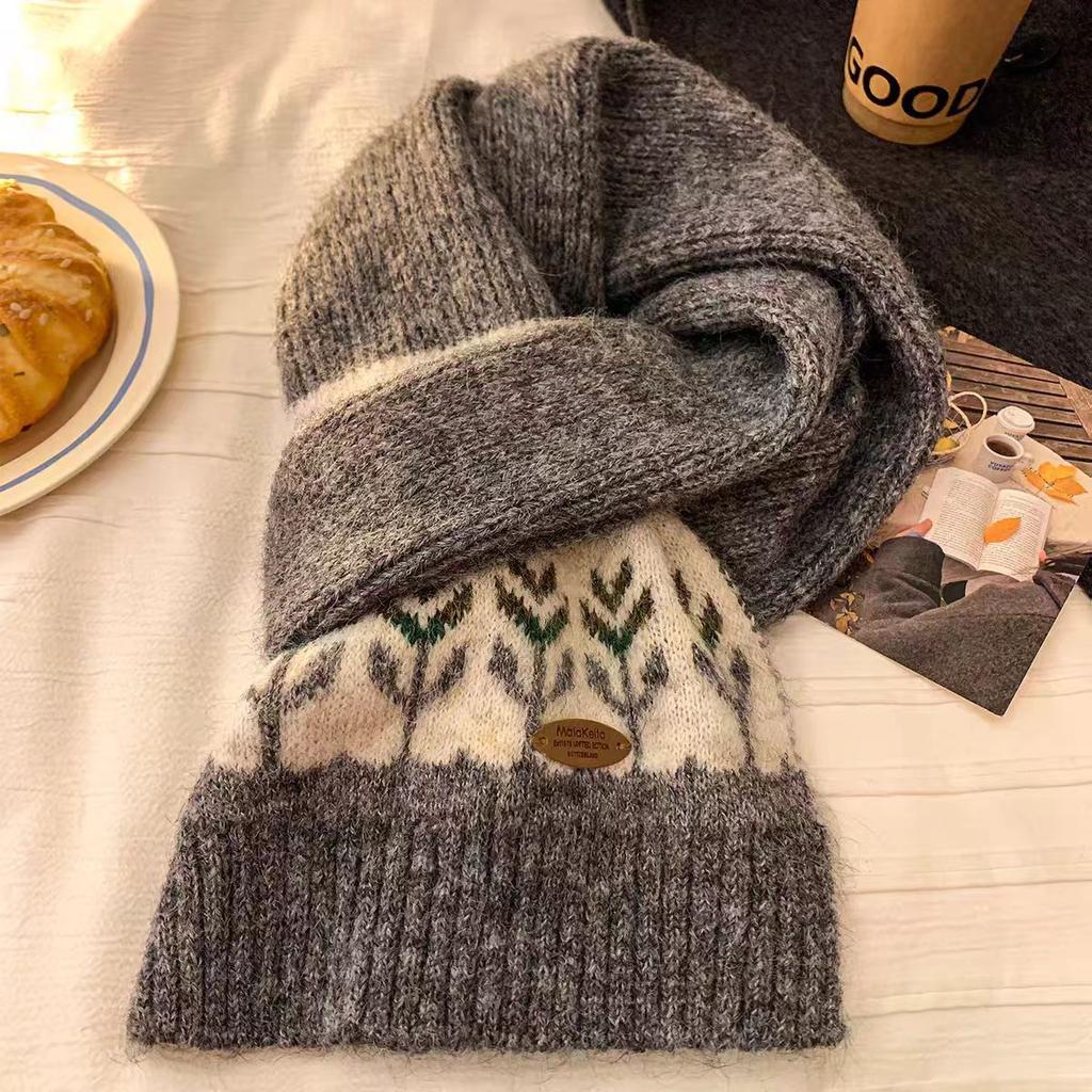 Winter blended knitted scarf women's Fair Island style jacquard coffee color Korean atmosphere warm wool scarf