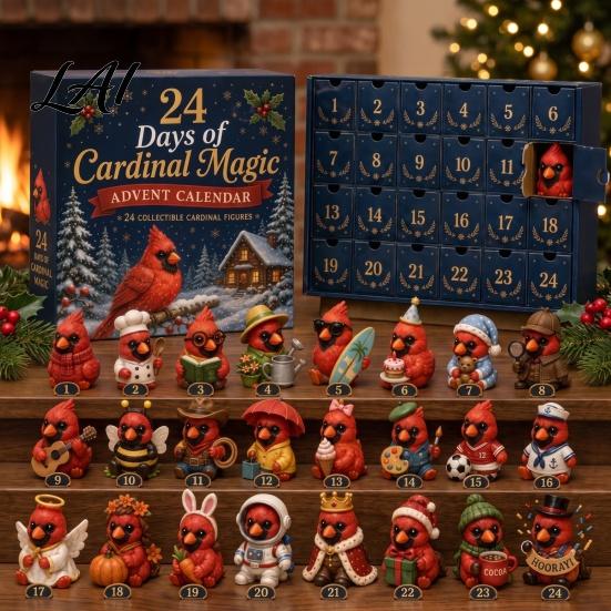 Farmhouse Style Holiday Accents Magic Animal Advent Calendar 24-Day Highland Cow/Cat/Sheep/Red Bird Acrylic Ornament Set Collectible Figures 2D Flat