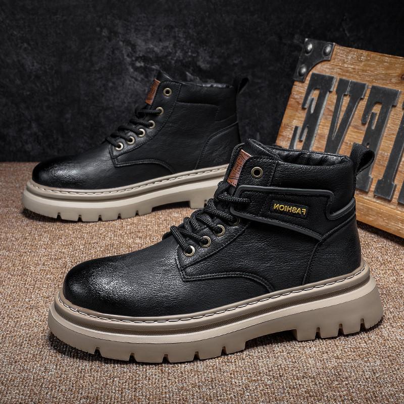 2024 Men's Black Leather High-Top Martin Boots: Retro, Thick-Sole Casual for Autumn/Winter