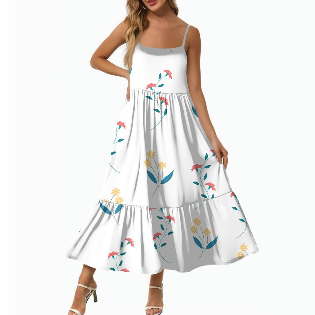 Women's Long Beach Casual Elegant Spaghetti Strap Maxi Dress Floral Low-key Flowing Bohemian Dress