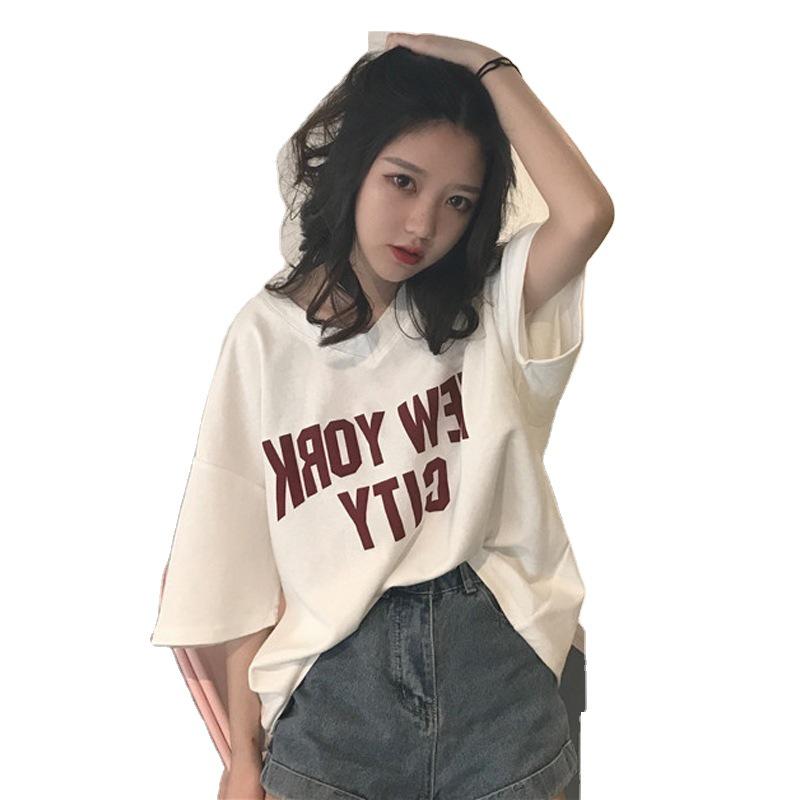 2024 Женская свободная футболка с V-образным вырезом и коротким рукавом с буквенным принтом - корейский стиль