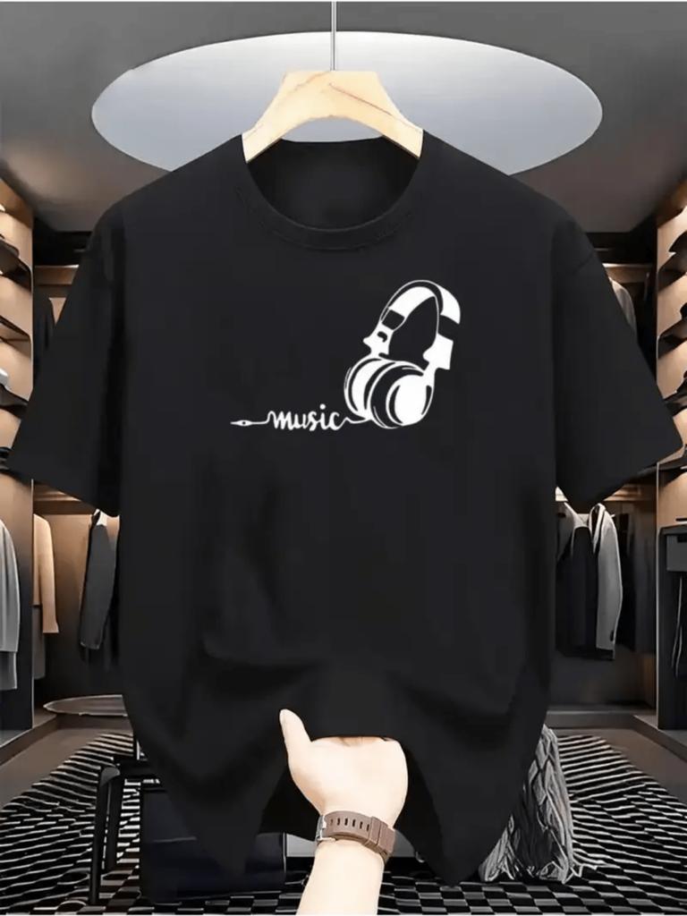 Music Headphones Line Art T Shirt Unisex Unisex Music Word Earphone Graphic Print Short Sleeve Cotton Casual Tops