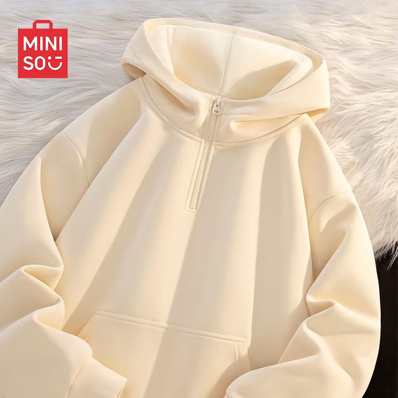 MINISO Men's Fleece-Lined American Retro Half-Zip Hooded Sweatshirt