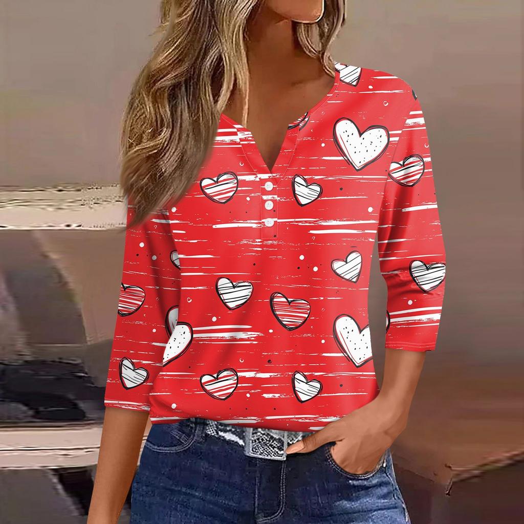 Женская футболка с принтом ко Дню святого Валентина, на пуговицах, рукав 3/4, туника, повседневная мода на выходные, базовый топ с V-образным вырезом