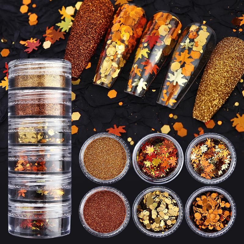 6 бутылок/набор DIY украшения для ногтей осенние кленовые листья блестки для дизайна ногтей блестящие наклейки сверла для ногтей маникюрный дизайн аксессуары