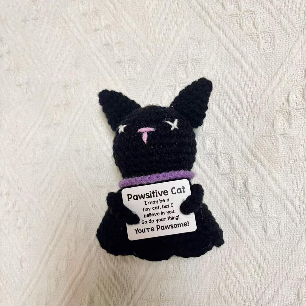 Crochet Emotional Support Cat Ghost Halloween Gifts Desktop Ornament Handmade Knitted Black Cat Doll With Card Home Room Decor