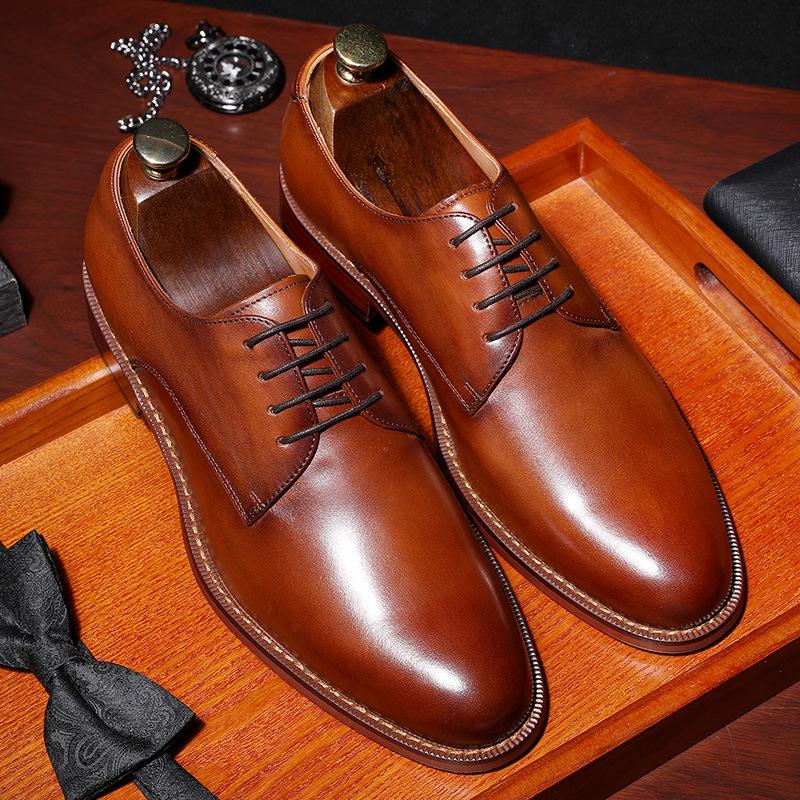 New ModelMen'S Shoes Business Elegant Gentleman Shoes Lace-Up Simple Leather Shoes First Layer Cowhide Dress Wedding Shoes Large Size