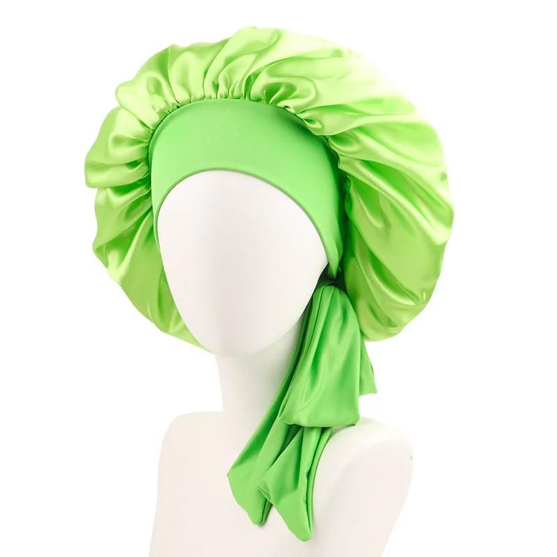Атласный ночной колпак Эластичный стример Круглая шляпа Однотонный Длинные волосы Шапочка для макияжа Завязанная Шапочка для красоты для завивки волос Трансграничный