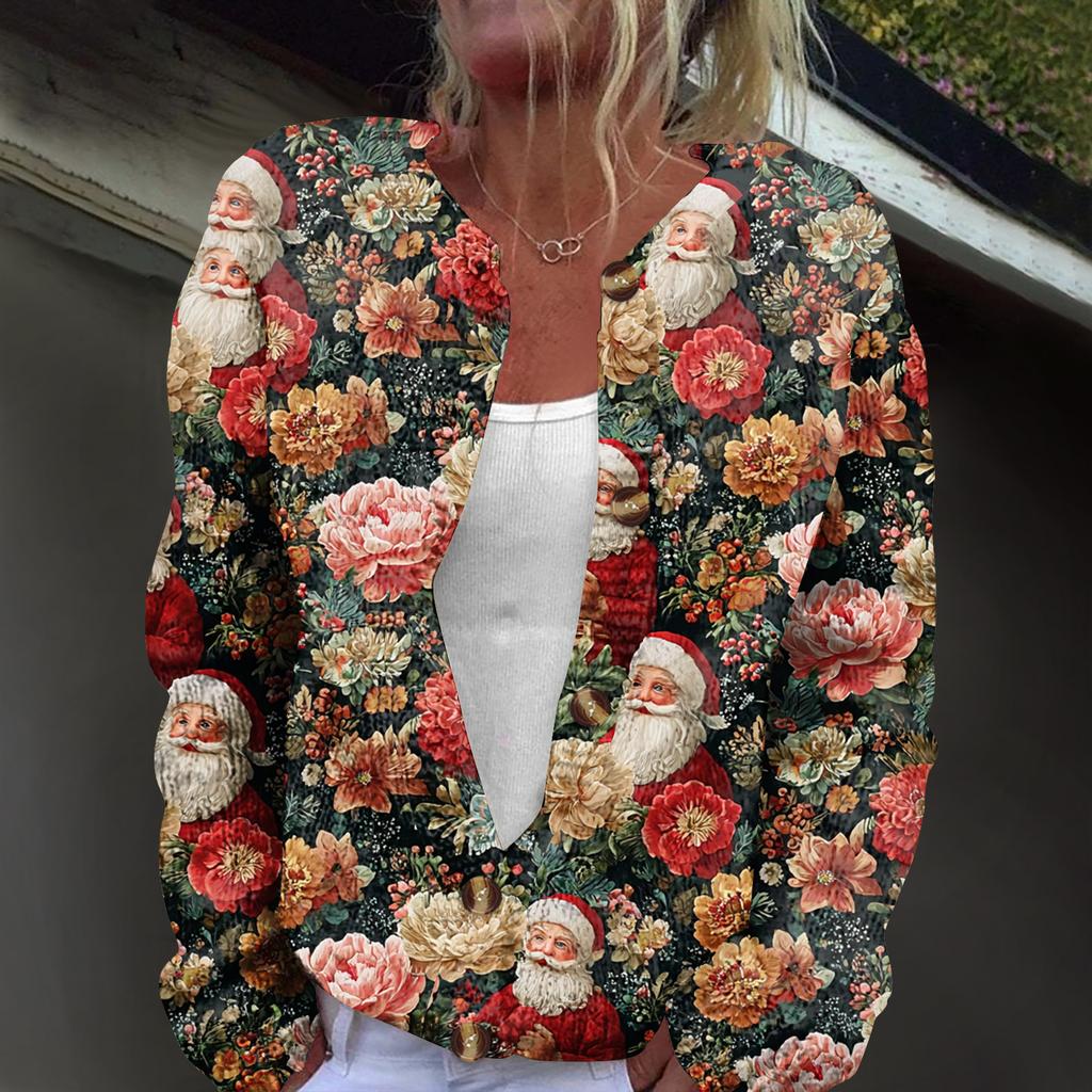 Women's Fashion Christmas Print Long Sleeve Knitted Cardigan Button Jacket