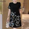 Women Summer Round Neck Short Sleeve Floral Print A-Line Dresses