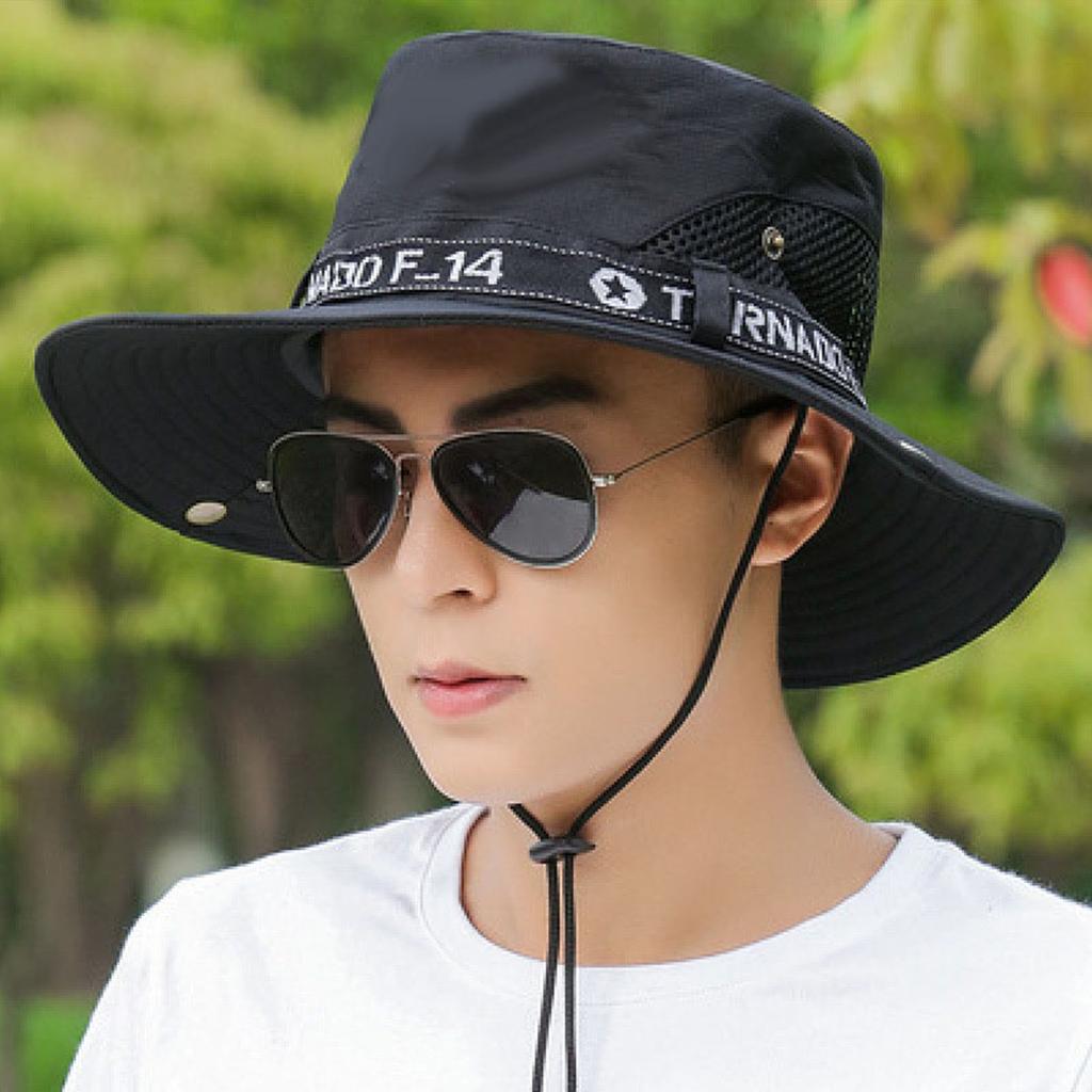 Мужская шляпа рыбака летняя уличная для рыбалки солнцезащитная с защитой лица от УФ-лучей с большими полями черная