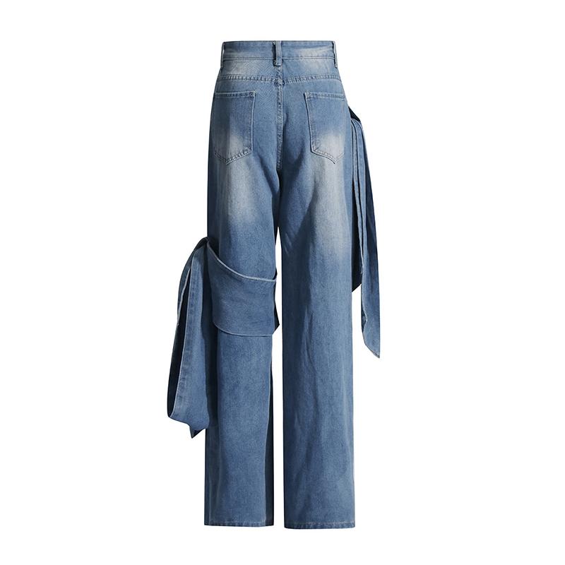 Women's Jeans 2025 Spring Autumn Latest Washed and Distressed Patchwork Bow Wide Leg Pants with High Waist and Slimming Design