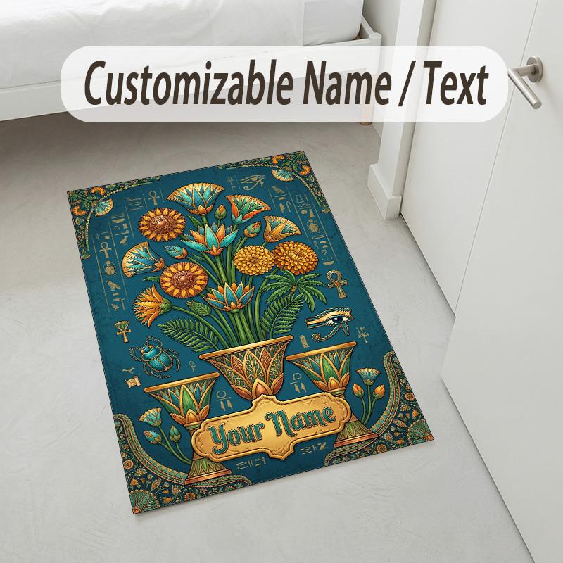 Egyptian Flower Theme Soft Crystal Velvet Rug Custom Name & Text Print Non Slip Floor Rug for Bedroom Living Room