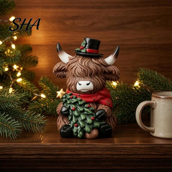 Christmas Tree Hanging Decorations Highland Cow Figurine, Resin Holiday Statue with Santa Hat & Small Animal Figurines Gift Box, Cute Sitting