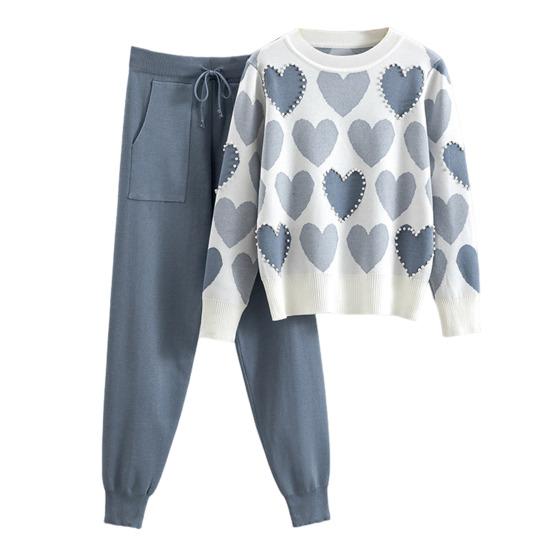 2 шт./комплект Женский комплект: топ и брюки, принт в виде сердечек, украшение бусинами, круглый вырез, длинные рукава, толстовка, эластичный пояс, манжеты на щиколотках, спортивные брюки
