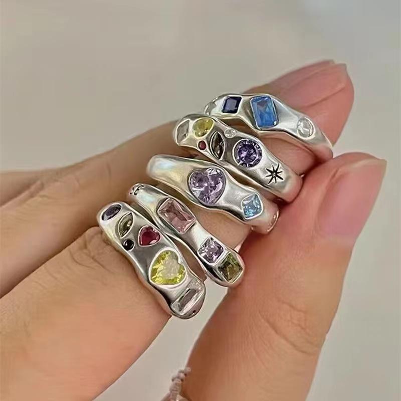 Модное разноцветное регулируемое кольцо с цирконами для женщин, милый дизайн, геометрическое сердце, кристалл, пальцевые аксессуары Y2K, тонкие ювелирные изделия, подарки