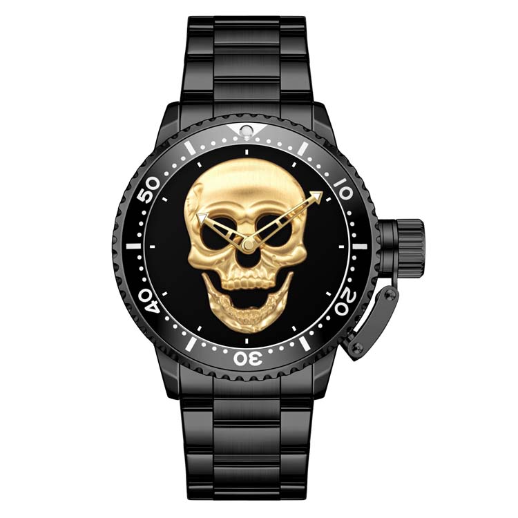 WWOOR 8835 Unique Golden Male Quartz Watch Low Cost Stainless Steel Band Waterproof Dials Skull Character Business Watch