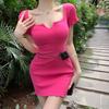 Летние женские трикотажные платья с глубоким низким квадратным вырезом, платье мини-длины с короткими рукавами