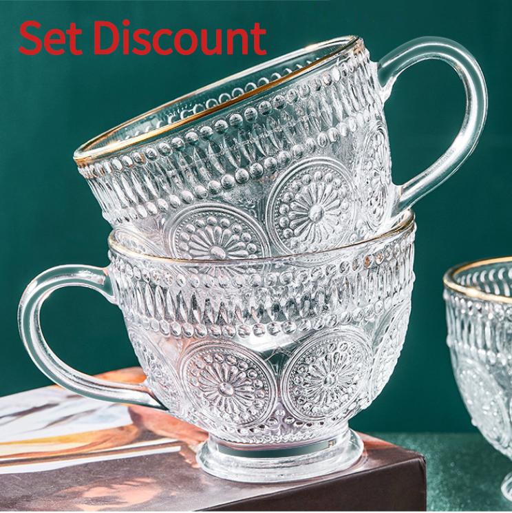 Nordic Style Retro Relief Sunflower Glass Coffee Cup Milk Cup Breakfast Cup Large Capacity 1-2 Pcs Available
