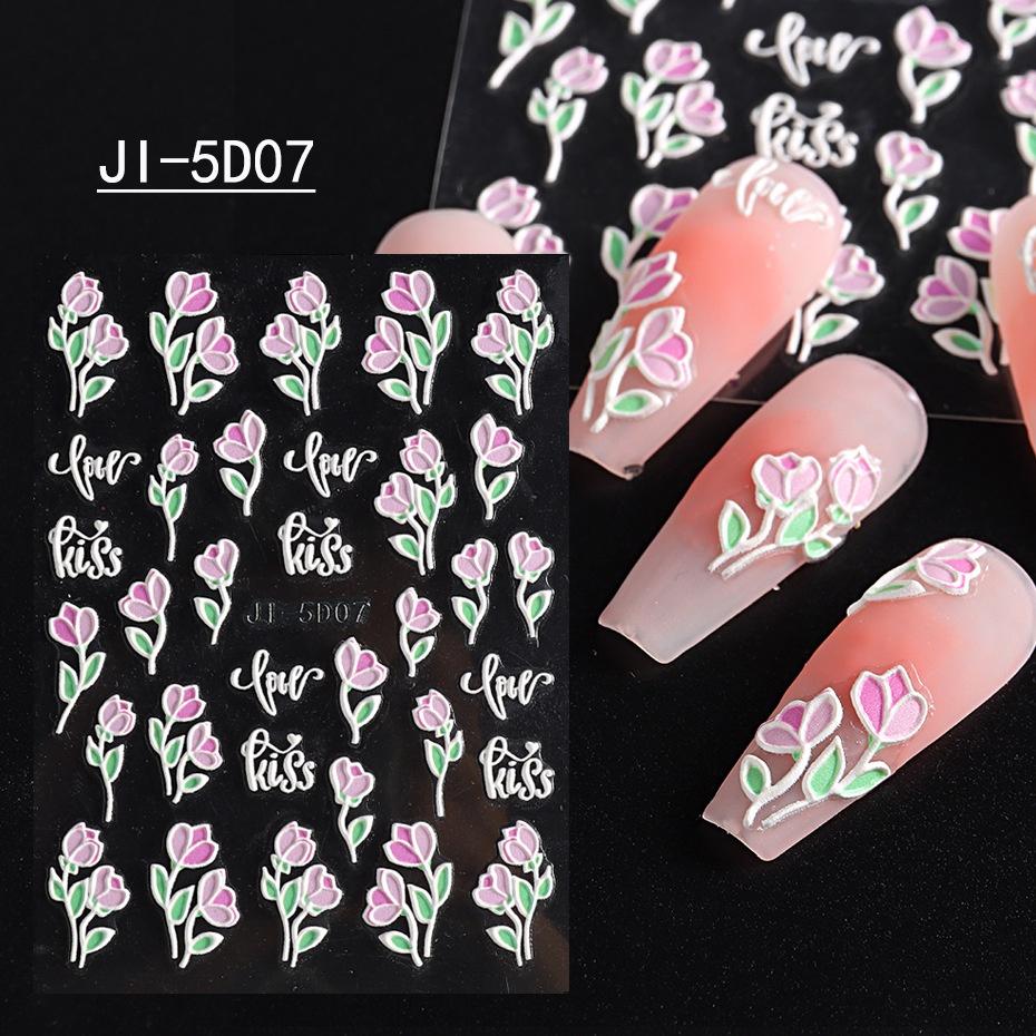 5D Nail Stickers Flowers Embossed Sliders Nail Art Decorations Decals DIY Manicure