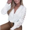 Women V-neck Hollow Lace Stitching Long Sleeve Shirt Faux Pearls Buttons Cuffs Solid Color Shirt Tops Streetwear