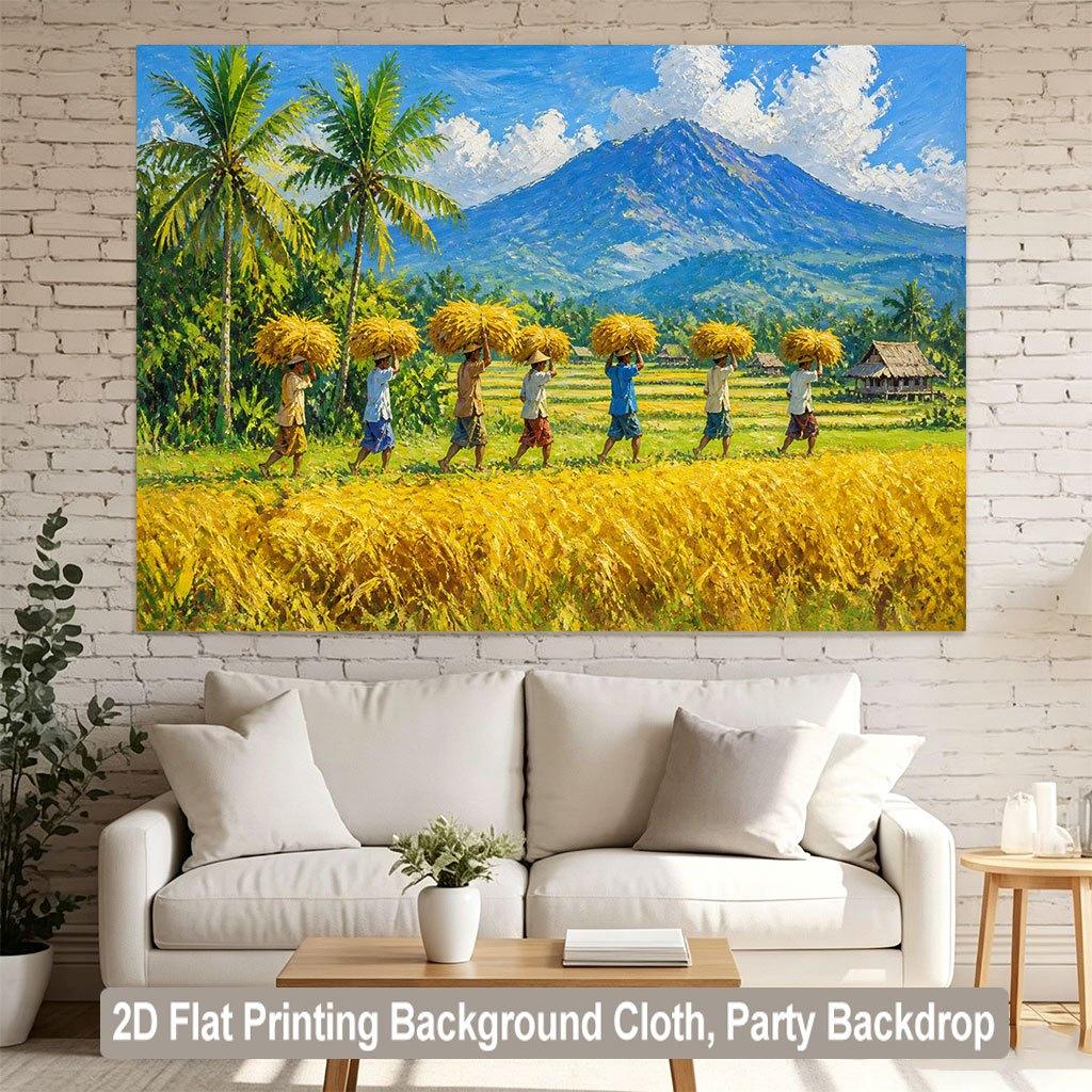 Exotic Tropical Paradise Tapestry Wall Hanging Art Print Mural Background Decor Southeast Asia Harvest Village Scene Palm Tree M