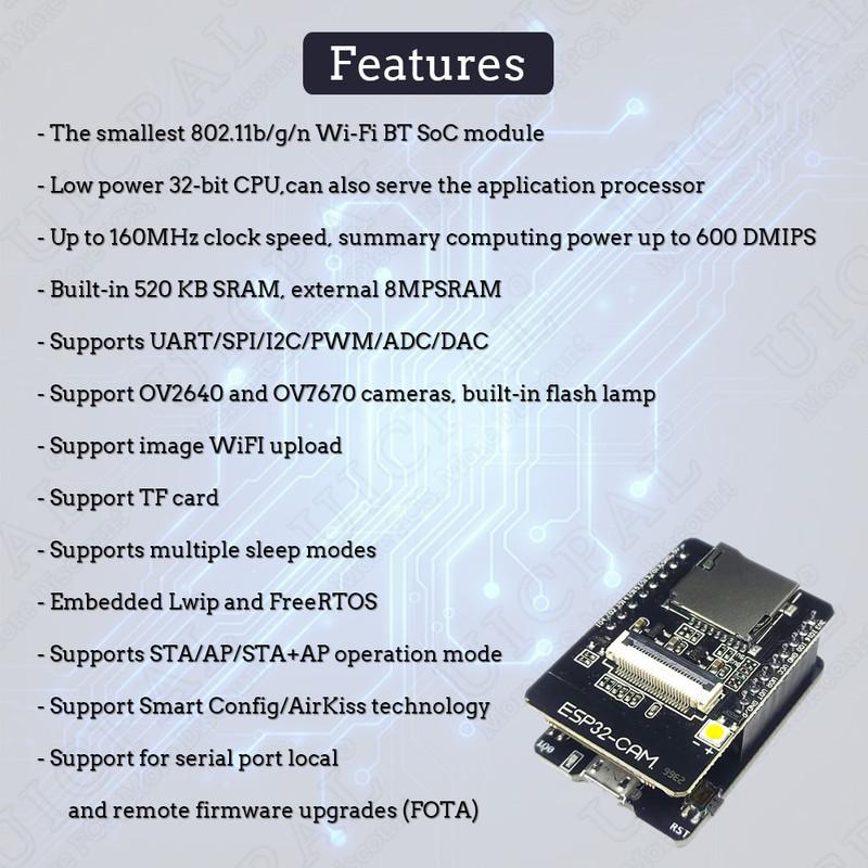 Оригинальный комплект модуля камеры ESP32 CAM 2,4 ГГц WiFi Bluetooth 8 МБ PSRAM Модуль камеры OV2640 66 120 160 градусов 850 нм Ночное видение