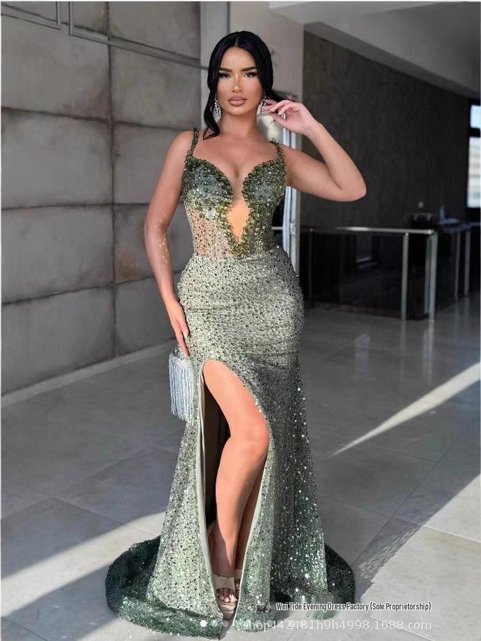Зеленое вечернее платье бодикон с V-образным вырезом, бисером, пайетками и разрезом