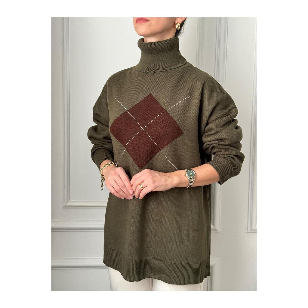 Khaki Square Patterned Turtleneck Sweater