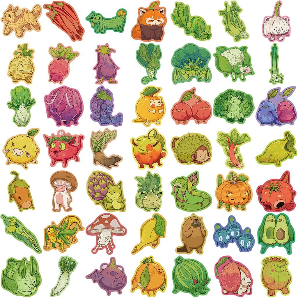 50 Cartoon Fruits, Vegetables, Animals, Graffiti Stickers, Decorative Guitar Notebook Suitcase DIY Waterproof Stickers