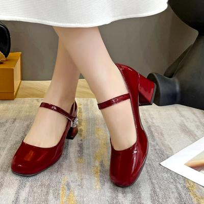 Мода Мода Туфли на квадратном каблуке Лето Новые Квадратный носок Мелкий вырез Металлическая пряжка Комплект Стопа Противоскользящие Износостойкие Высокие каблуки