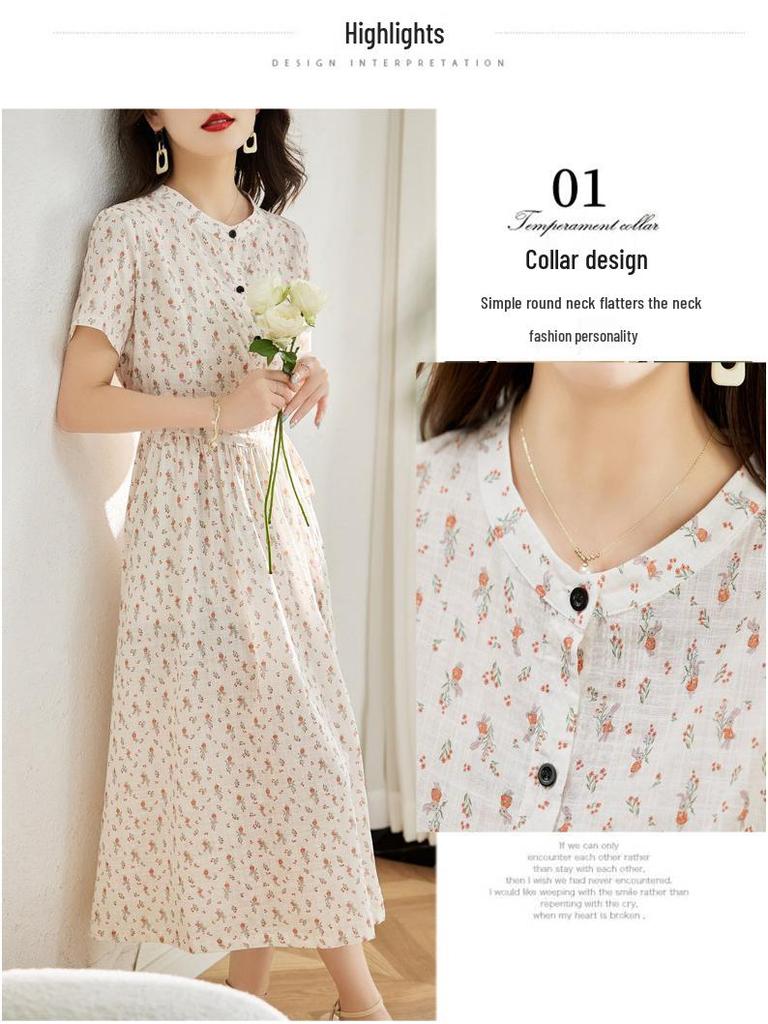 Женское летнее платье 2025 года с цветочным принтом из хлопка и льна - с коротким рукавом, приталенное, длинное, омолаживающее, модная повседневная одежда для мам