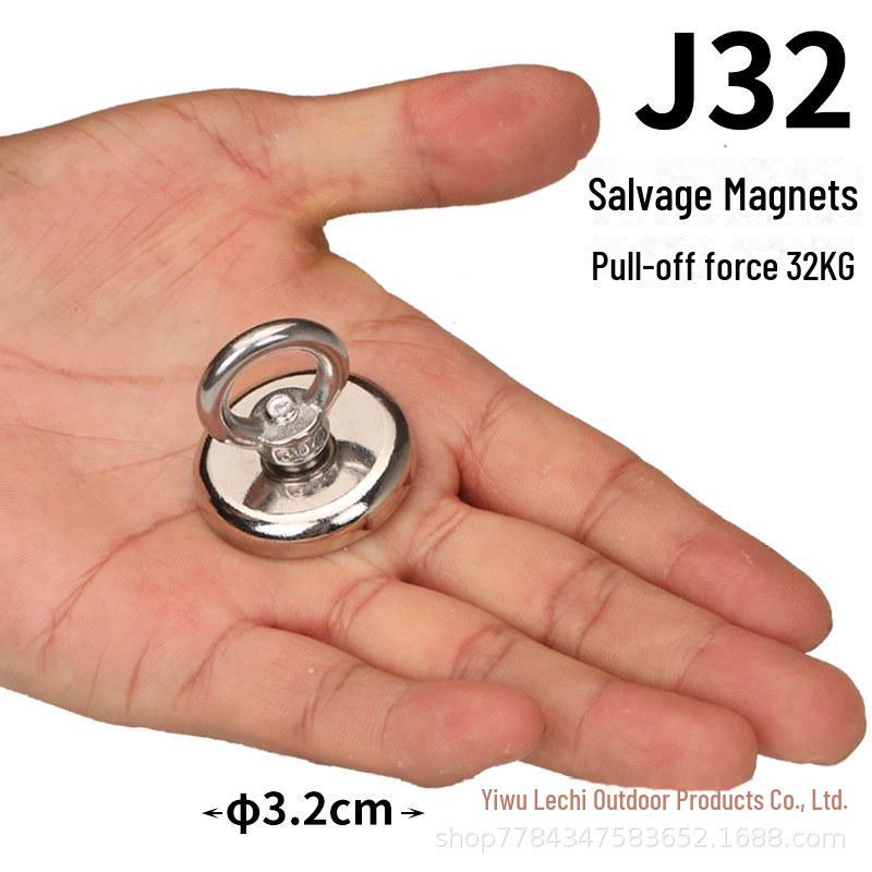 Мощный магнитный спасательный магнит J48 с магнитом NdFeB, основанием с присоской и подъемным кольцом для надежного удержания и фиксации.