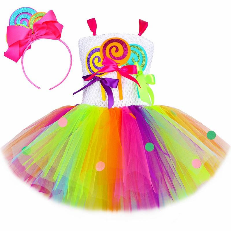 Rainbow Candy Lollipop Costume for Girls Birthday Party Tutu Princess Dress Ball Gown Carnival Christmas Halloween Clothes 14Y