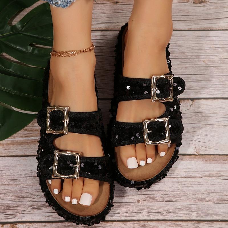 Women's Shoes 2024 Brand Plus Size Women's Slippers Fashion Sequins Modem Slippers New Belt Buckle Peep Toe Flat Slipperszapatos