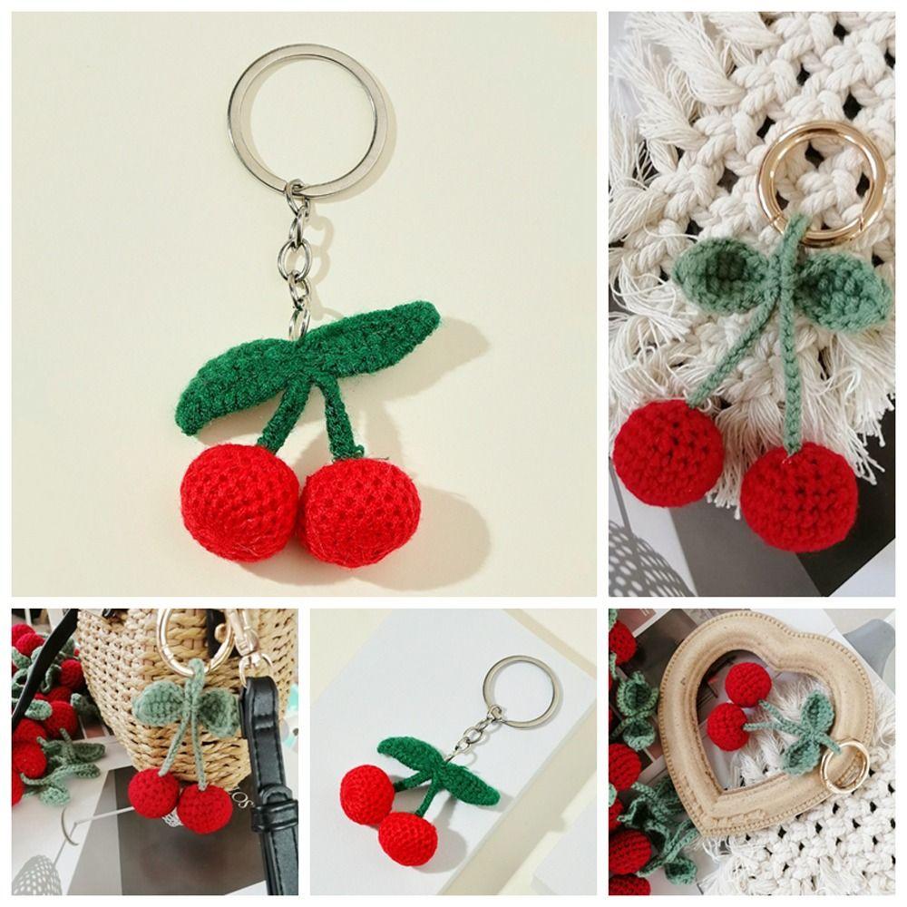 Sweet Cute Cherry Keychain Fruit Crochet Keyring Creative Knitted Keyring Bag Charms