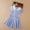 Детская одежда Платье для девочек синее Академический стиль Короткий рукав Дизайн с лацканами Стиль школьной формы Детский наряд