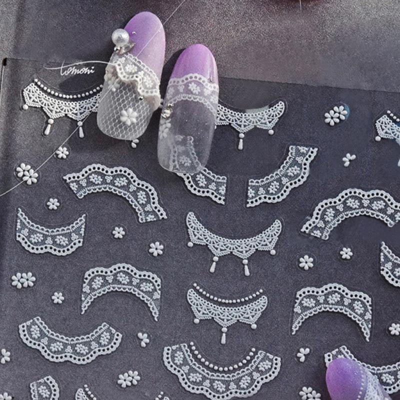 Charm Sexy White Lace Ribbon Flower Black Red Chic Soft Embossed Relief Self Adhesive Nail Art Decoration Sticker Manicure Decal