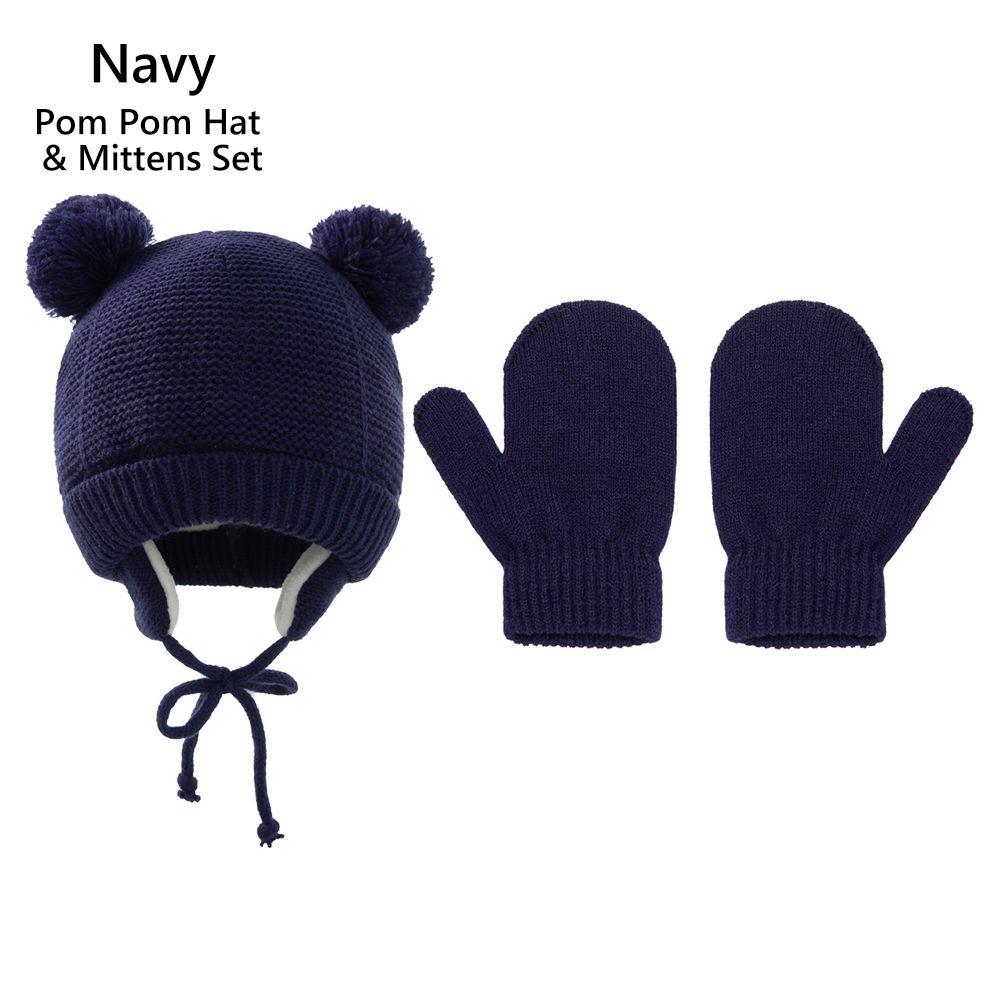 1-4 Years Fleece Lined Winter Earflap Beanie Hat Kids Hat Gloves Set Pom Pom Hat Mittens
