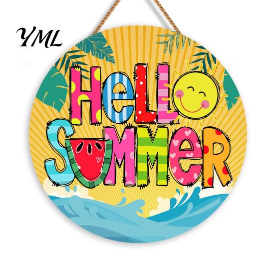 Natural Hemp Rope Wood Plaque Summer Wooden Hanging Sign, Beach Style Wall Decor with Rope, Bright Printed Sign Indoor Outdoor Theme Decoration